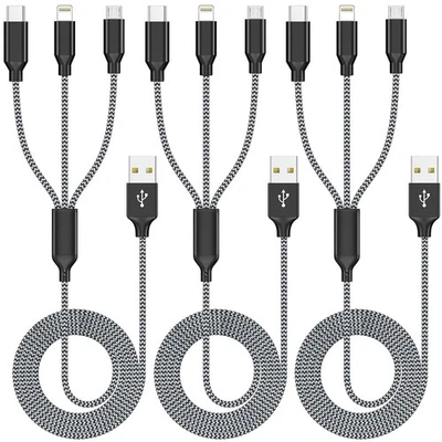 Multi Charging Cable 4Ft 3Pack 3 in 1 Charger Cord, Multiple Rapid Nylon Braided - Image 1 of 4