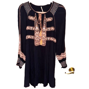 Vestido Free People Wind Willow Bordado Boho Cuello en V Borla Negro Rosa XS - Imagen 1 de 7