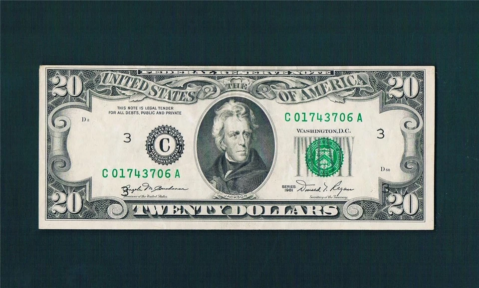 $20.00 1981 Federal Reserve CA-Block(R-3)"Misalignment Overprint-One Color"-(VF) - Image 1 of 1