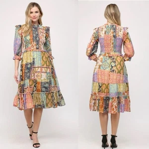 Fate Patchwork cotton tiered midi sun dress Sz M Cottage core prairie boho chic - Picture 1 of 12