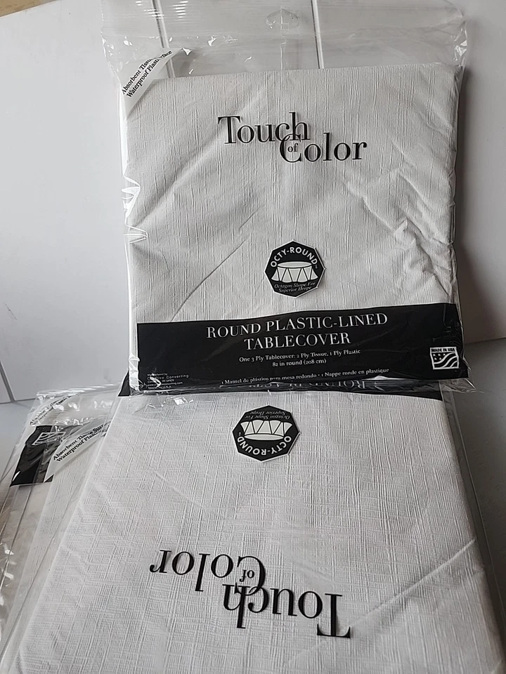 TABLE COVER, 82" WHITE  "Octy-Round" PAPER TISSUE/POLY LINED  4 Pack  - Image 1 of 1