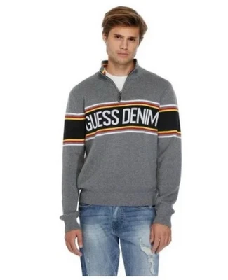 Guess Sweater Mens Medium Gray Black 1/4 Zip Pullover Knit Spell Out VTG Y2 EUC - Image 1 of 4