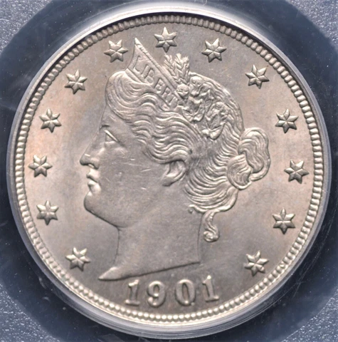 1901 LIBERTY "V" NICKEL PCGS MS 63 CRISP SILVERY BRUSHED NICKEL WITH A SHARP Cover