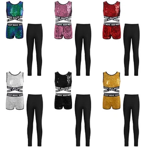 Kids Girls Set Light Weight Outfit Letter Print Suit Costume Crop Top Sequins - Picture 1 of 49