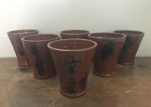 6 Vintage SJ Pottery Bethel Missouri Manganese Decorated Redware Cups Tumblers - Picture 1 of 7