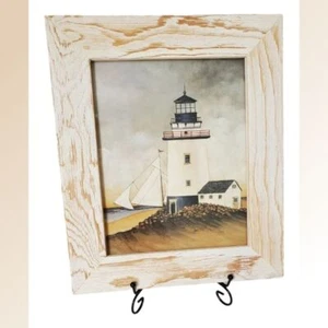 Vintage Lighthouse White Washed Framed Print Beach Ocean Nautical Themed - Picture 1 of 3
