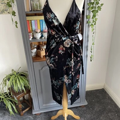 Vestido envolvente de terciopelo elástico negro rosa camafeo talla 10 Foto 1 de 4