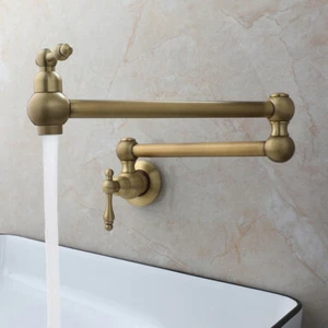 360°Swivel Bathroom Sink Faucet Antique Brass Folding Mixer Wall Mount Basin Tap - Picture 1 of 12
