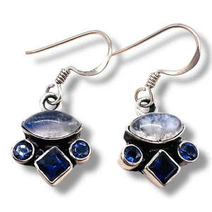 Real Natural Rainbow Moonstone Iolite Bezel Sterling Silver Hook Drop Earrings - Picture 1 of 14
