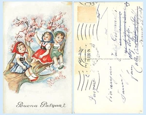 Buona Pasqual Frohe Ostern kleine Kinder 1924 italienische Kunst Gruß Postkarte - Bild 1 von 1