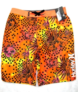Hurley Boy's Youth Orange 4 Way Stretch Print Swimming Board Shorts 29" x 9" - Picture 1 of 8