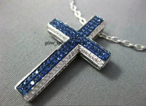 2.20 Ct Round Simulated Blue Sapphire Men's Cross Pendant 14K White Gold Plated - Picture 1 of 6