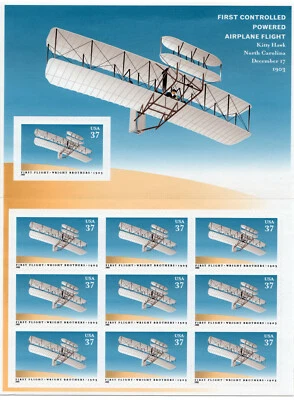Scott #3783 FIRST FLIGHT (Wright Brothers) Sheet of 10 Stamps - MNH - Image 1 of 2