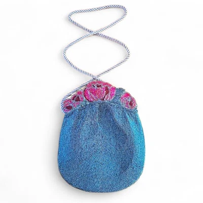 🔥VTG 1980s Art Deco Beaded Evening Bag Gray Red Black Zigzag Drawstring Purse - Image 1 of 4