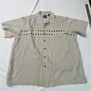 Haggar Linen Hawaiian Bowling Shirt Mens 2XL XXL Beige Argyle Button Up Rayon - Picture 1 of 10