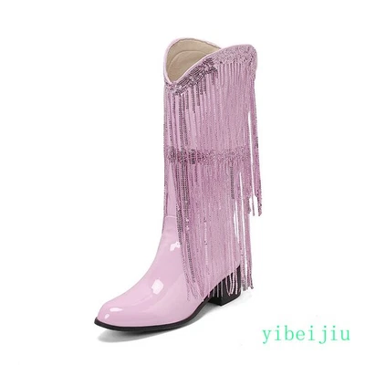 Mujeres Cuero Brillante Botas Hasta la Rodilla Borla Flecos Zapatos Rendimiento Tacón Grueso Foto 1 de 4