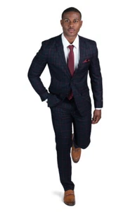 Slim Fit Windowpane Plaid Mens Suit Black & Red 2 Button Notch Lapel AZAR MAN - Picture 1 of 7