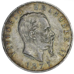 ITALY 5 Lire 1877-R Silver AU 'Vittorio Emanuele II' Free Shipping - Picture 1 of 2