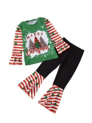 New Boutique Girls Size 6 Long Sleeve Merry Christmas Tree Stripe Bell Pants Set - Image 1 of 4