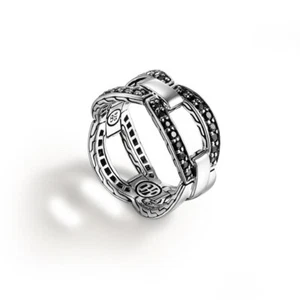 JOHN HARDY Classic Chain Interlinking Band Ring Black Sapphire Sterling Silver 7 - Picture 1 of 2