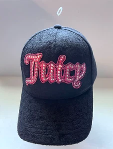 New! Juicy Couture Black Velour Hat Cap Pink Logo w/ Bling Rhinestones One Size - Picture 1 of 11