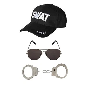 Adults SWAT Fancy Dress 3 Piece Costume Set Military Hat Glasses Handcuffs Hen - Picture 1 of 8