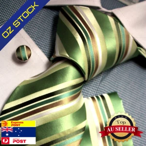 Epoint PH1094 Green Striped Whole Sale Gift Idea Silk Neck Tie Cuff Hanky - Picture 1 of 4