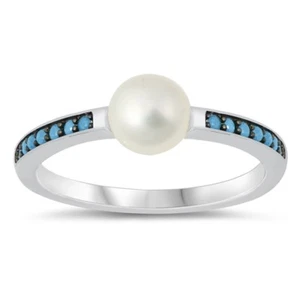 Fresh Water Pearl Turquoise Eternity Band .925 Sterling Silver Ring Sizes 4-10