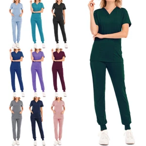 Ladies Scrubs Set Pockets Scrub Tops+pants Women Solid Color Summer Slim V Neck - Picture 1 of 22