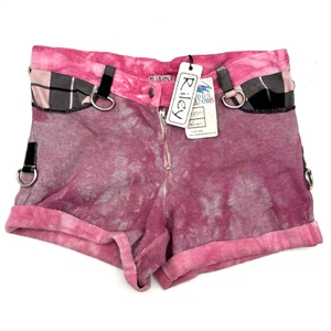 Vintage 00s Riley Hot Pink Plaid D-ring Cuffed Hem Stretch Punk Shorts L 33x3.5" - Picture 1 of 15