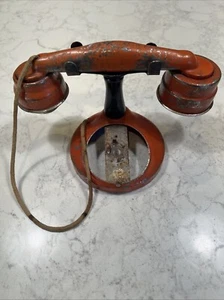 1930s Toy Telephone Rotary Dial 4.25" Red Tin 7.5" Handset & Cord - Picture 1 of 3