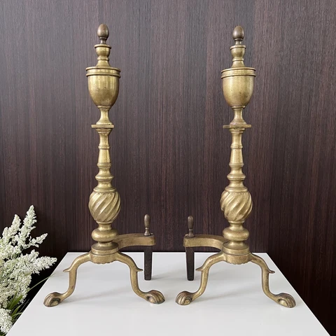 Antique Brass Fireplace Andirons - 21" Cover