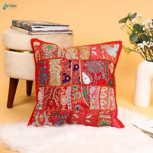 Fundas de cojín rojas hechas a mano fundas de almohada de retazos bordadas a mano - Imagen 1 de 5