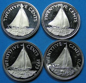 Bahamas Lot of 4 Coins 25c, 1970 to 1975 Diff Dates, BU-Proof-PL, Combined S/H - Picture 1 of 2
