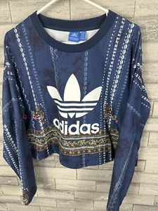 Adidas Cropped Sweatshirt Womens Large Trefoil Logo Floral Print - Picture 1 of 7