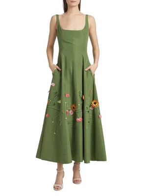 Lela Rose 3D Applique Embroidered Floral Taffeta Midi Dress Cactus Green 12 - Image 1 of 4