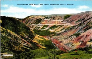 Switchbacks From Picket Pen Creek Beartooth Hi Way Montana cartolina di lino - Foto 1 di 4