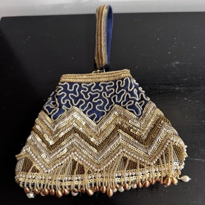 Beaded Sequin Potli Bag For Women Indian Traditional W/ Sequins And Pearls Navy - Image 1 of 4