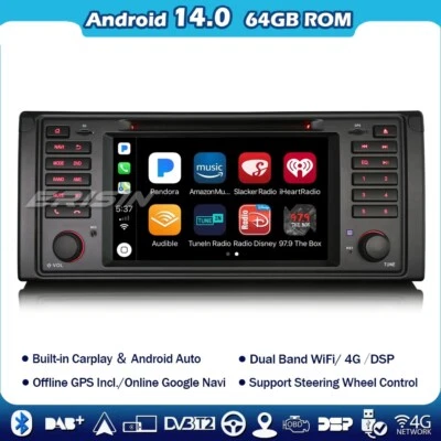 8-Kern 64GB Android 14  Autoradio Carplay GPS Navi DAB+OBD FM für BMW 5er E39 M5 - Bild 1 von 4