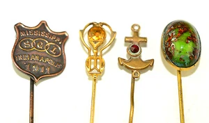 LOT OF 4 ANTIQUE & VTG STICKPINS: ART GLASS, FACETED YELLOW GLASS, ANCHOR, SGL - Picture 1 of 9