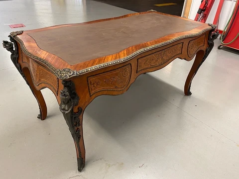 ANTIQUE French Louis XV Style WRITING DESK Large Desk 3 Drawer with LEATHER TOP Cover