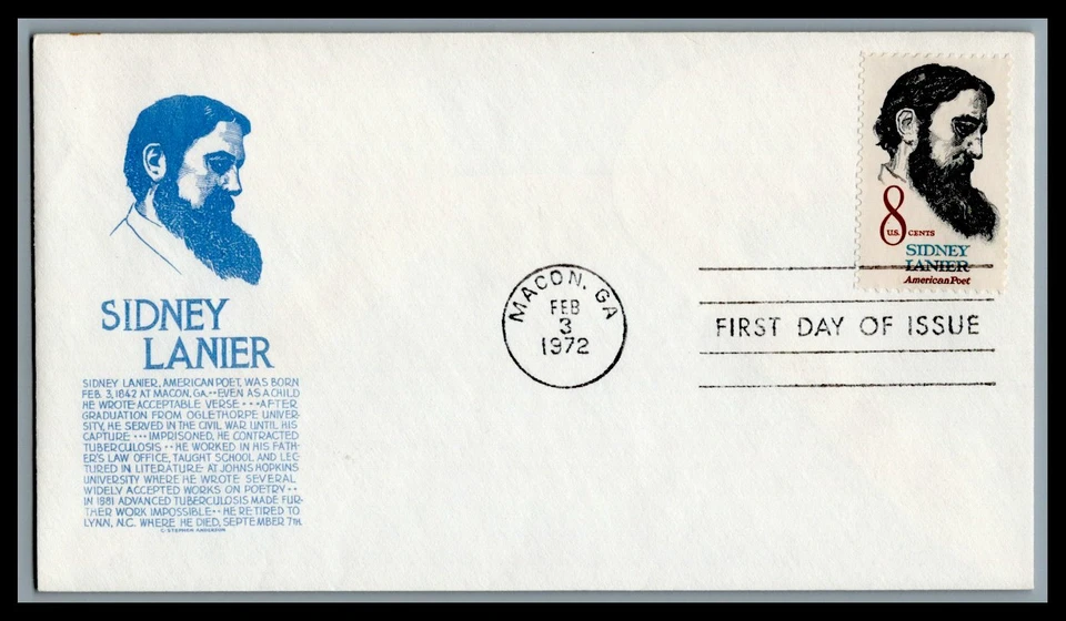 US FDC # 1446 8c Sidney Lanier  Anderson S Cancel 1972, 9c730 - Image 1 of 1