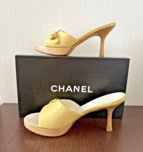Authentic Chanel Wooden Heels Open Toe Platform Mules BEIGE/LIGHT YELLOW 7.5 - Picture 1 of 11
