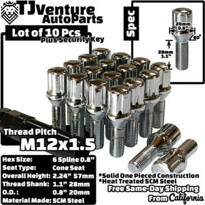 10Pc Chrome M12x1.5 Tuner Spline Lug Bolts 28mm Shank+Key Fit BMW E Body Models - Picture 1 of 3