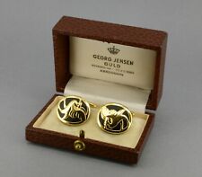 GEORG JENSEN Art Nouveau Deco 14K Gold & Enamel Cufflinks 1930s & Orig Box