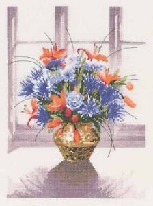 Heritage Crafts ~ Counted Cross Stitch Kit ~ Window Flowers ~ Brass Vase