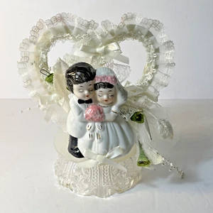 SCHWARZES Haar Kaukasan Braut & Bräutigam Porzellan Hochzeitstorte Topper 60er Vintage - Bild 1 von 10