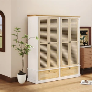 Wardrobe Armoire Closet Large 4 Shuttered Doors 2 Drawers Hanging Rod - Picture 1 of 12