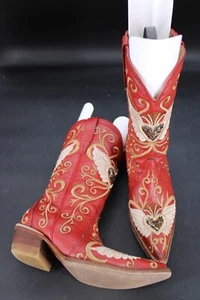 Joe Boots Brava Sequin Heart Angel Wings Cowboy Boots Red Women's 7 EE - Picture 1 of 10