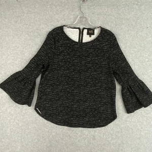 W5 Top Womens S Black Gray Ruffled Bell Sleeve Stretch Heavy Knit Pullover - Picture 1 of 14